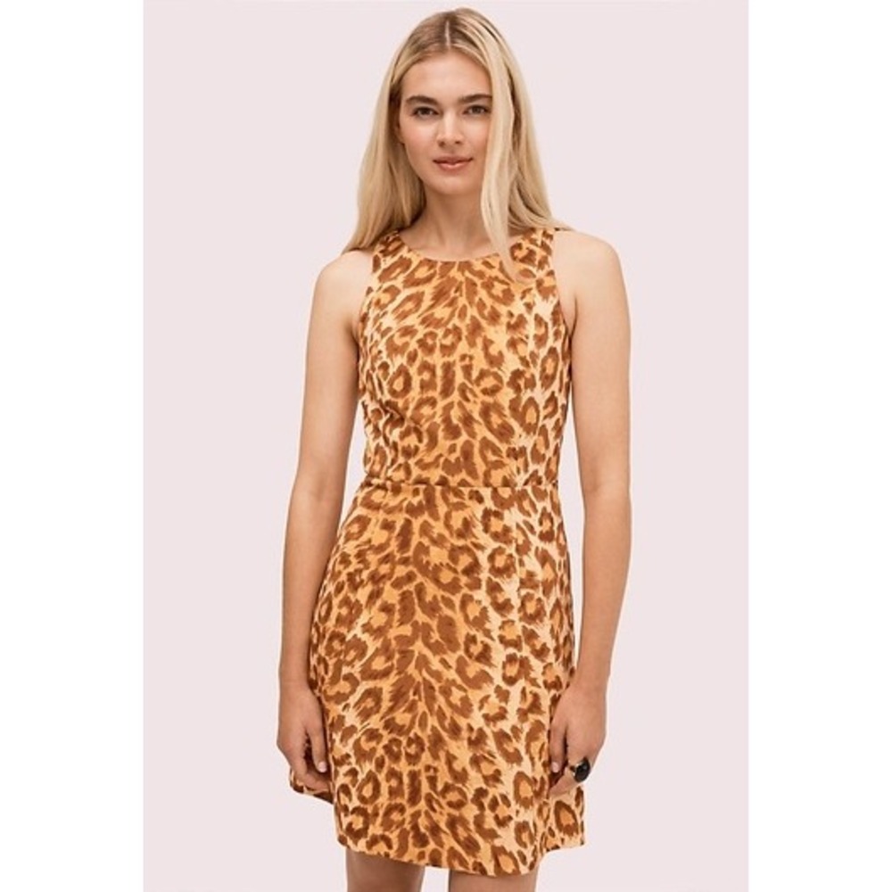 Kate Spade New York Leopard Print Dress Sleeveless Ponte Mini Shift Tan Brown L